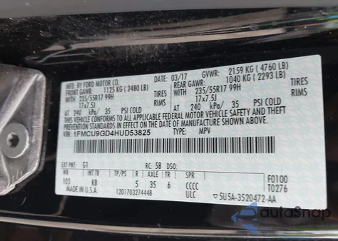 2017 Ford Escape Se из США, поврежденный, VIN 1FMCU9GD4HUD53825